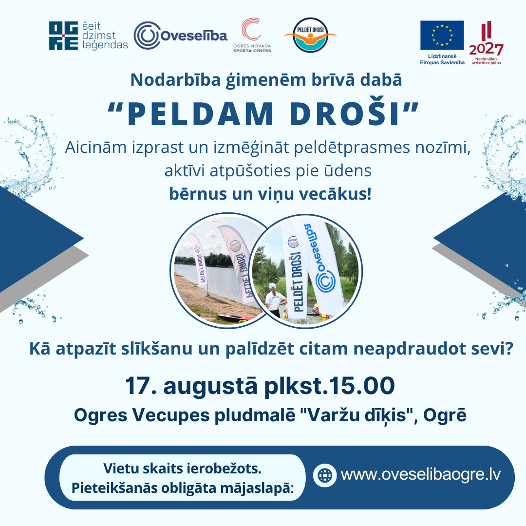 Nodarbība ģimenēm “Peldam droši”, 17.augustā plkst.15.00 Ogres Vecupes pludmalē “Varžu dīķis”