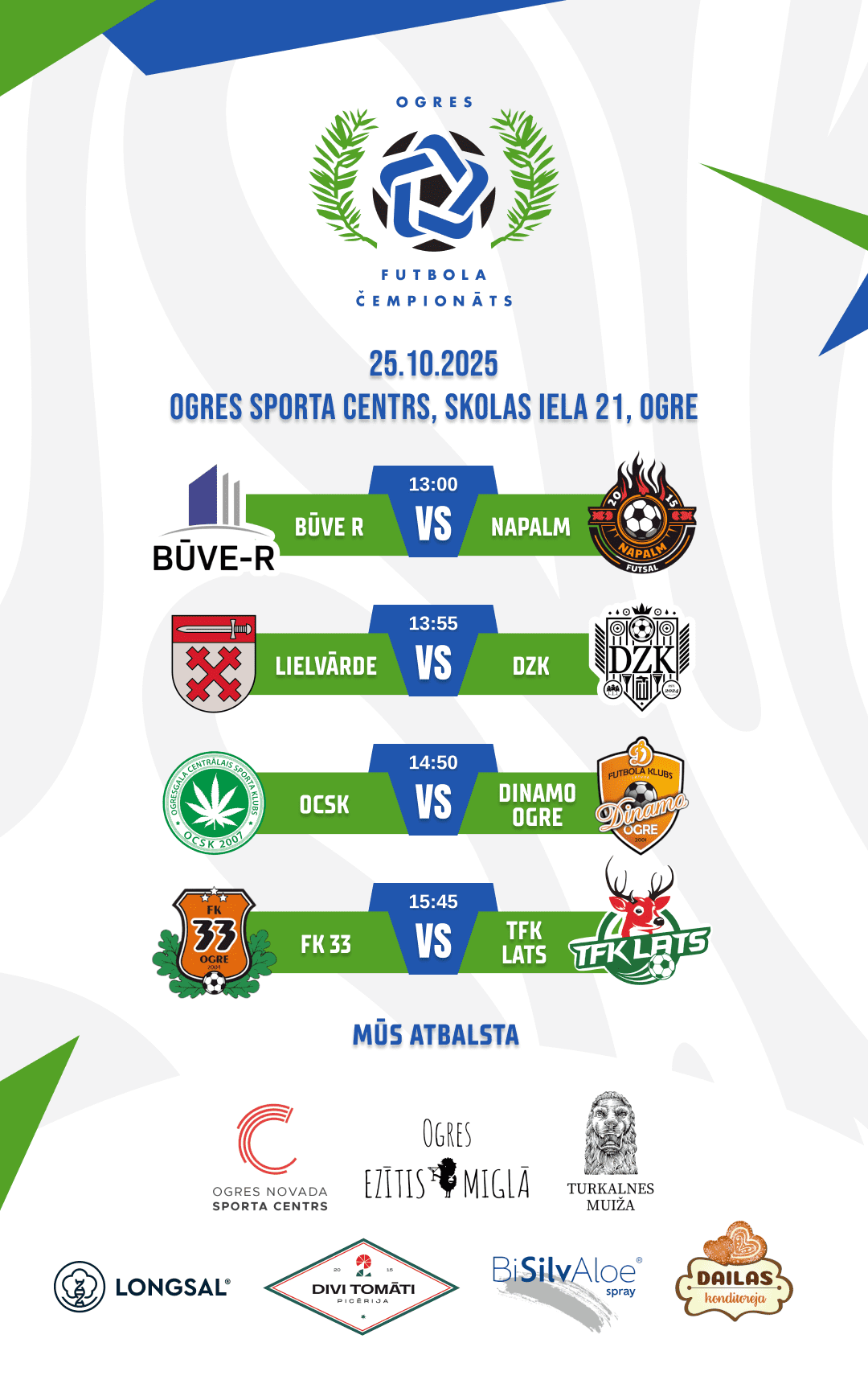 Sestdien, 25. oktobrī, Ogres Sporta centrā notiks pirmās četras spēles Ogres atklātajā čempionātā telpu futbolā 2025./26. sezonā!